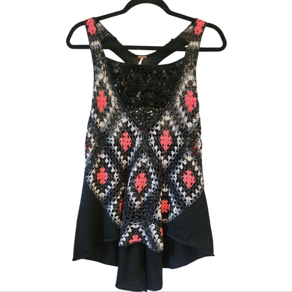 Free People Boho Crochet Tank Top Size Small Sequin Festival Knit Granny Square - Picture 1 of 10